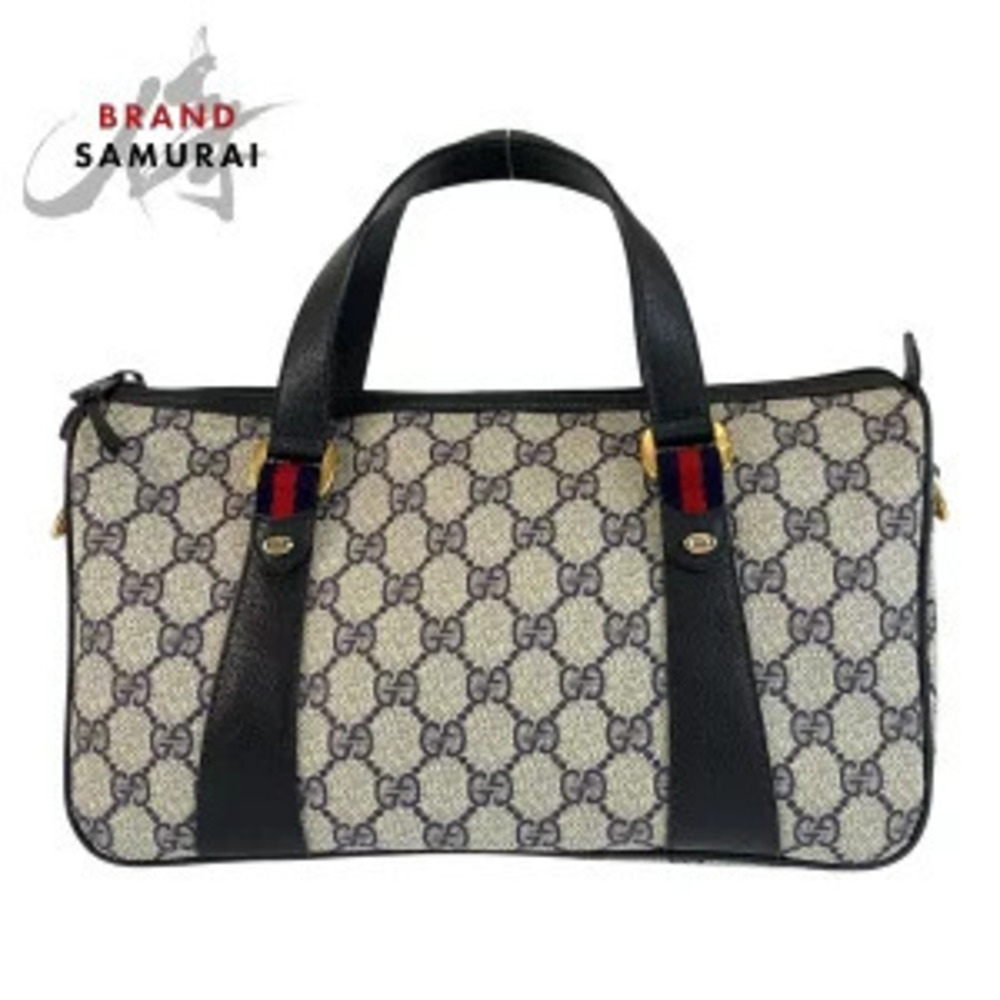 Gucci Sherry Handbag gray Navy Blue GG Supreme canvas leather Boston bag